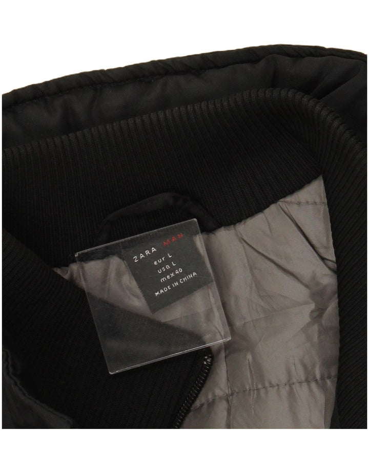ZARA Mens Hooded Bomber Jacket UK 40 Large Black Nylon