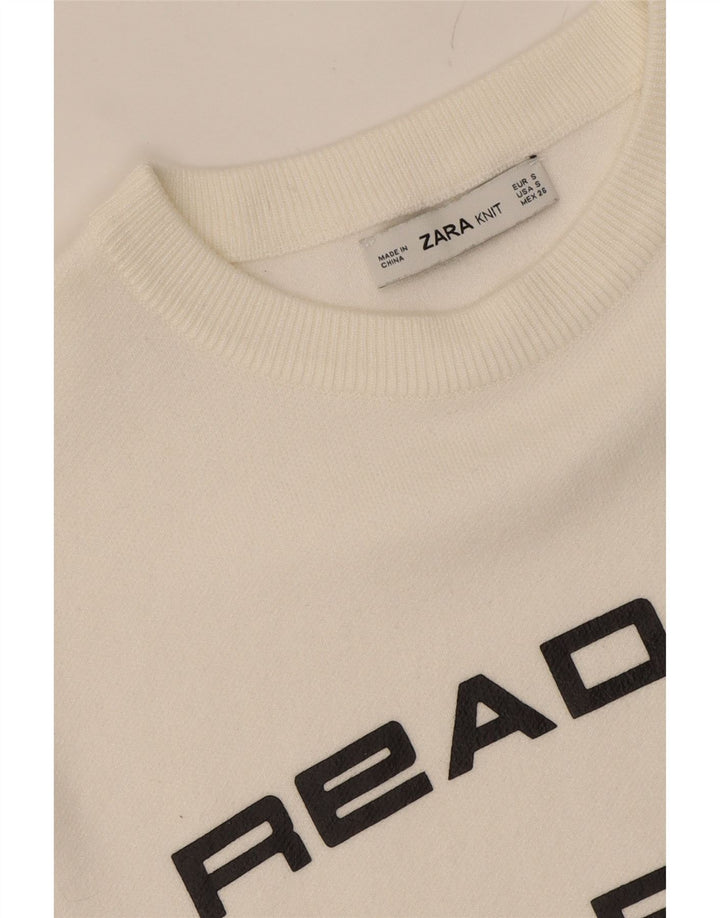 ZARA Womens Oversized Graphic Boat Neck Jumper Sweater UK 10 Small White Vintage Zara and Second-Hand Zara from Messina Hembry 