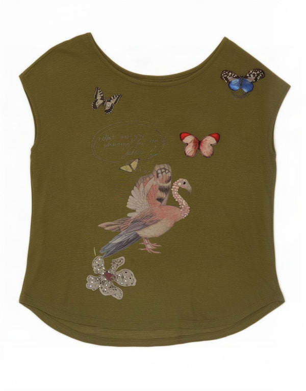 Desigual Womens Graphic T-Shirt Top UK 10 Small Khaki Cotton
