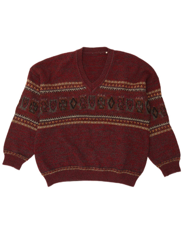 Vintage Mens V-Neck Jumper Sweater IT 56 XL Burgundy Geometric Wool