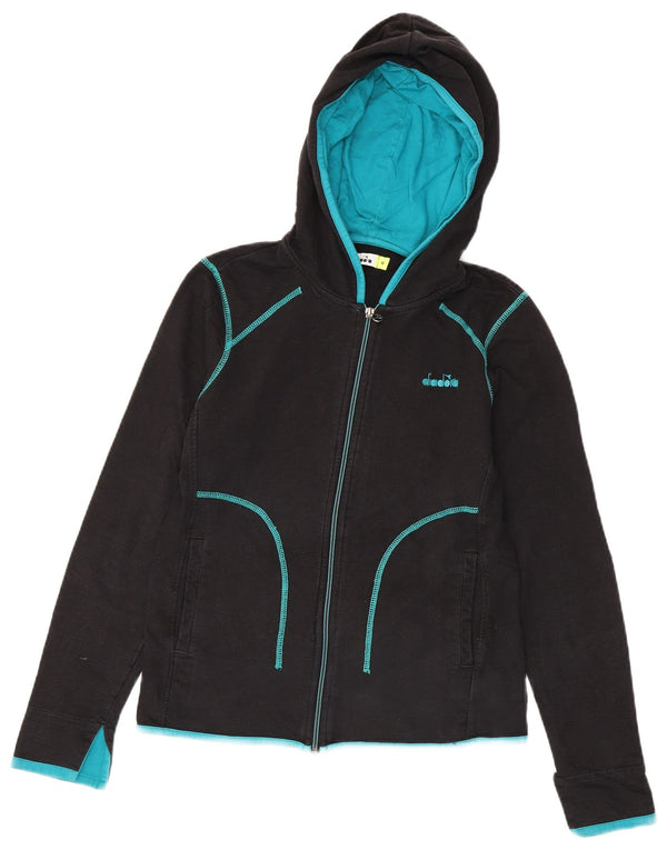 Diadora Womens Zip Hoodie Sweater UK 12 Medium Black Colourblock Cotton