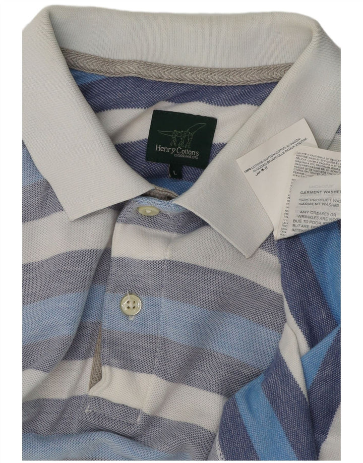 HENRY COTTONS Mens Polo Shirt Large Blue Striped Cotton