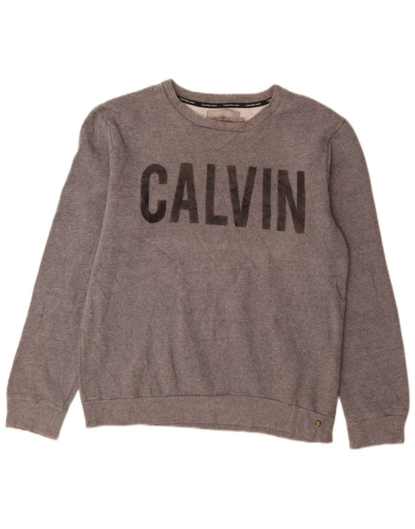 Calvin Klein Jeans Mens Graphic Sweatshirt Jumper Large Grey Flecked Cotton