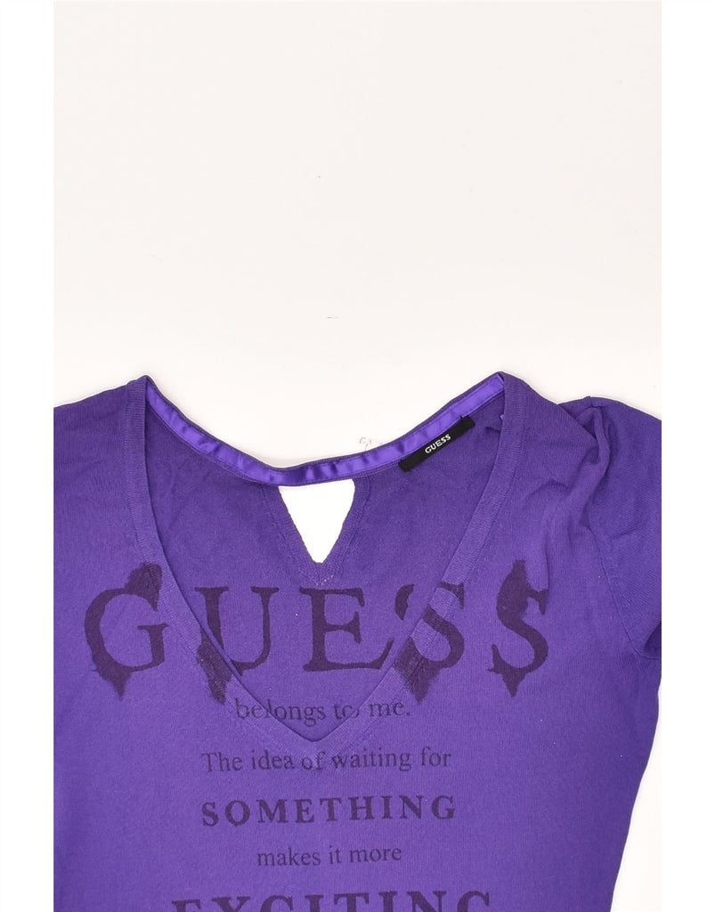 GUESS Womens Graphic V-Neck Jumper Sweater UK 4 XS Purple | Vintage Guess | Thrift | Second-Hand Guess | Used Clothing | Messina Hembry 