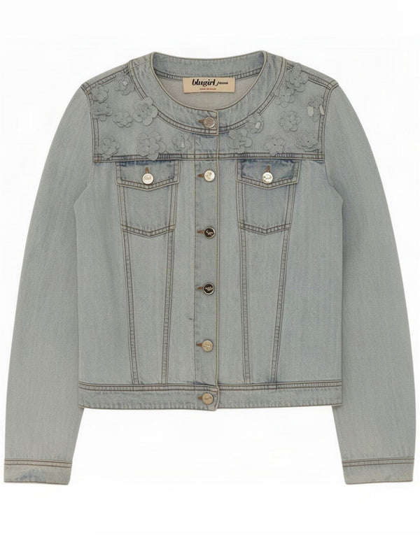 Blugirl Blumarine Womens Crop Denim Jacket IT 46 Large Blue Floral Cotton