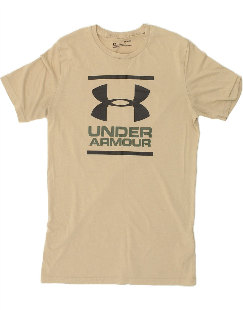 UNDER ARMOUR Mens Heat Gear Graphic T-Shirt Top Small Beige Cotton Vintage Under Armour and Second-Hand Under Armour from Messina Hembry 