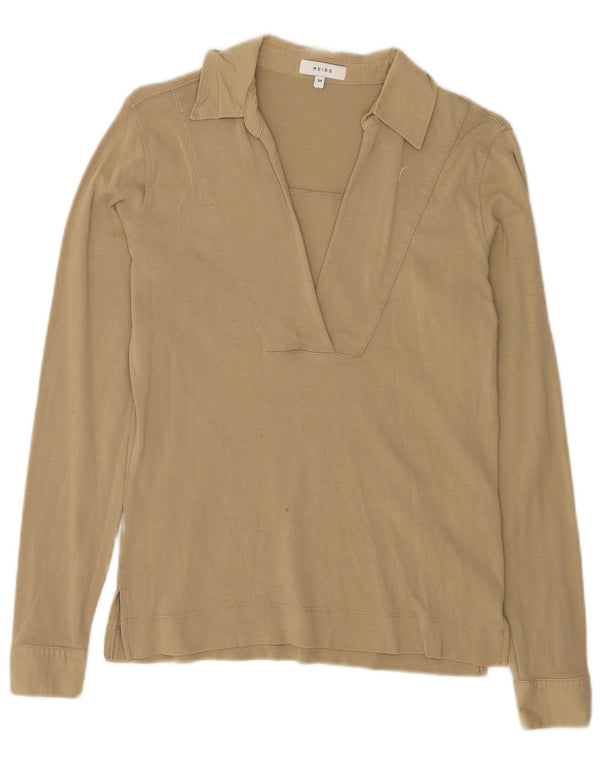 Reiss Womens Long Sleeve Polo Shirt UK 14 Medium Beige Cotton