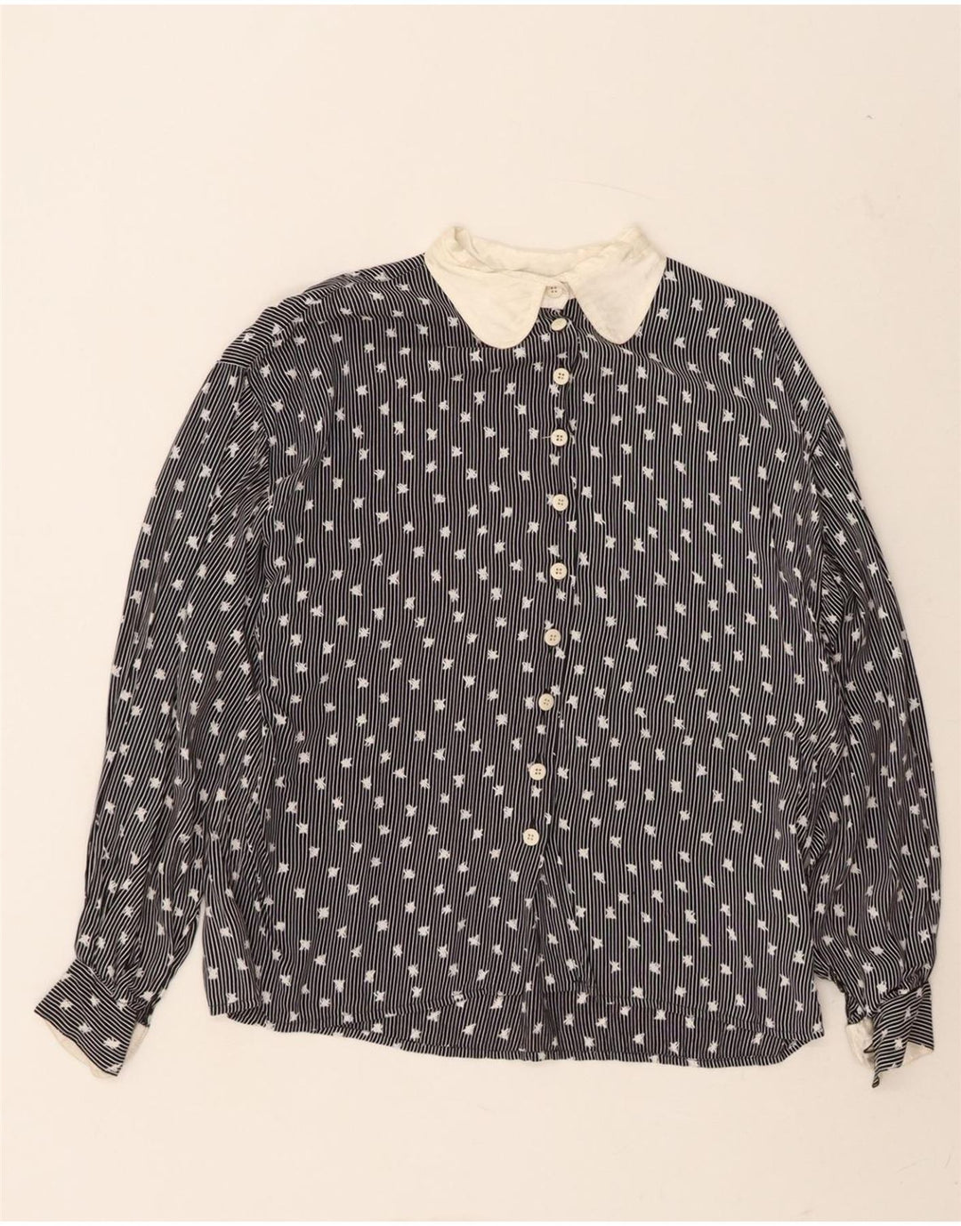 KRIZIA POI Womens Shirt Blouse IT 42 Medium Navy Blue Pinstripe Viscose Vintage Krizia Poi and Second-Hand Krizia Poi from Messina Hembry 