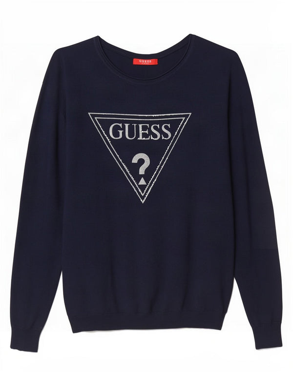 Guess Womens Graphic Boat Neck Jumper Sweater UK 14 Medium Navy Blue