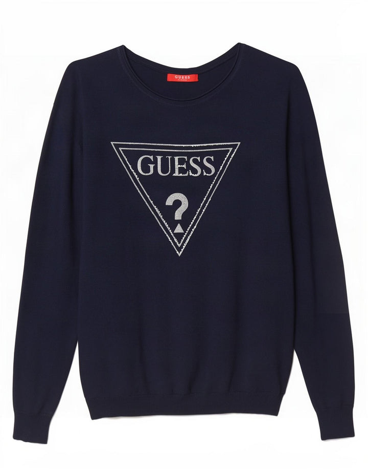 Guess Womens Graphic Boat Neck Jumper Sweater UK 14 Medium Navy Blue