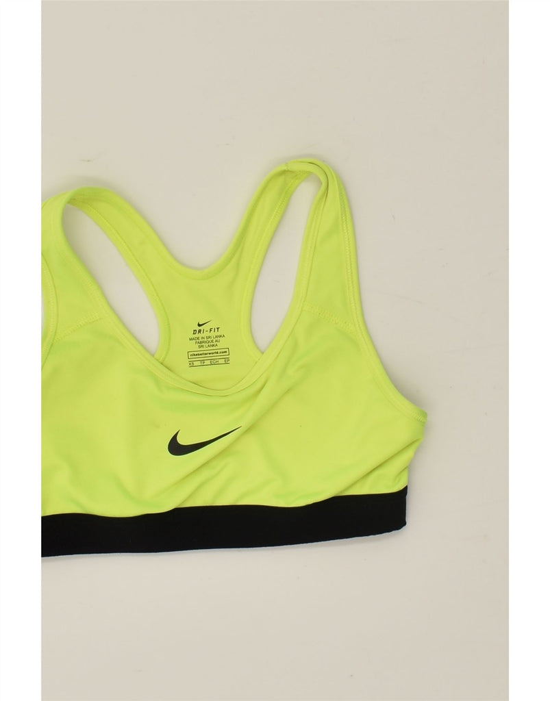 NIKE Womens Dri Fit Graphic Sport Bra Top UK 4 XS Green | Vintage Nike | Thrift | Second-Hand Nike | Used Clothing | Messina Hembry 