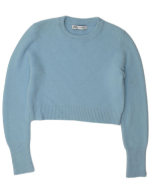 Zara Womens Crop Crew Neck Jumper Sweater UK 14 Large Blue Nylon