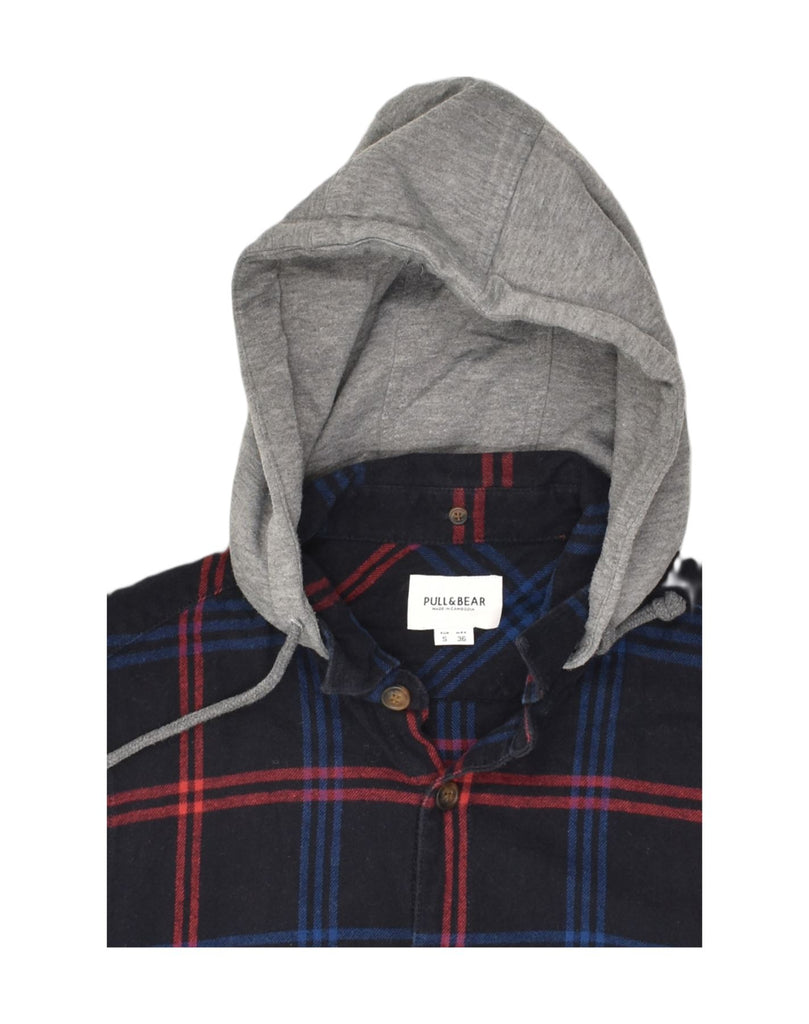 PULL & BEAR Mens Hooded Flannel Shirt Small Navy Blue Check Cotton | Vintage Pull & Bear | Thrift | Second-Hand Pull & Bear | Used Clothing | Messina Hembry 