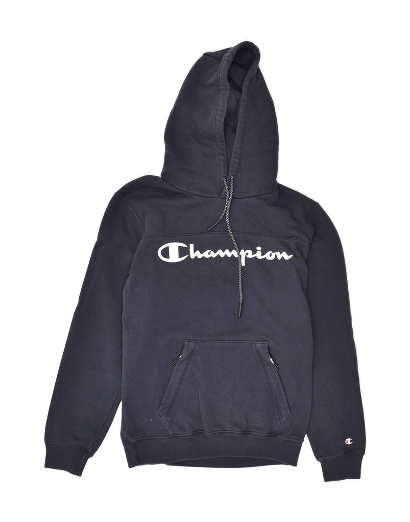 CHAMPION Mens Graphic Hoodie Jumper Small Navy Blue Cotton | Vintage Champion | Thrift | Second-Hand Champion | Used Clothing | Messina Hembry 