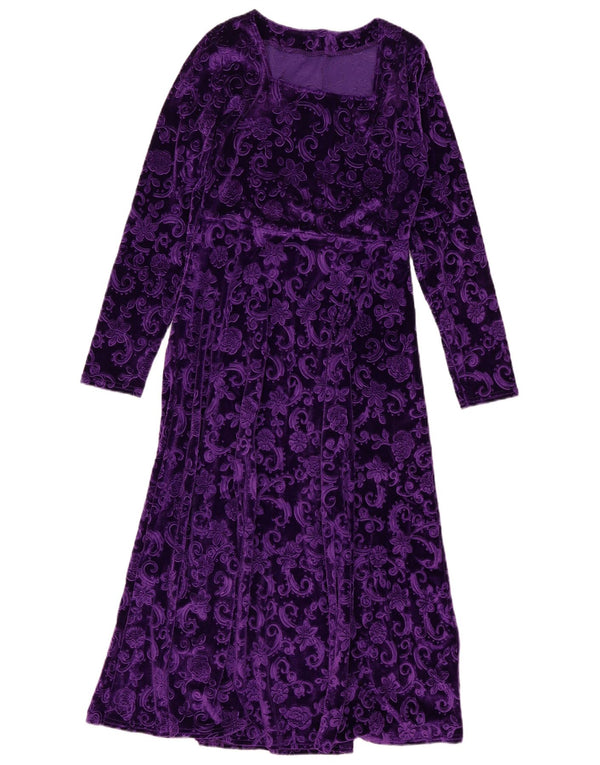 Vintage Womens Velvet Maxi Dress UK 14 Large Purple Floral Polyester