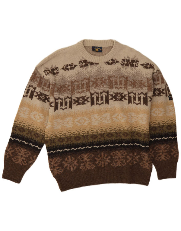 Navigare Mens Crew Neck Jumper Sweater XL Brown Fair Isle Acrylic