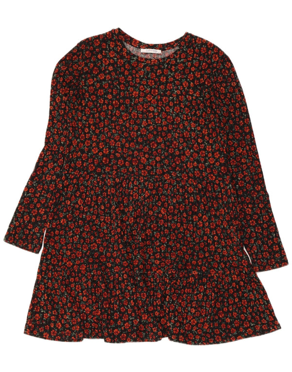 Zara Womens Long Sleeve Tiered Dress UK 12 Medium Black Floral