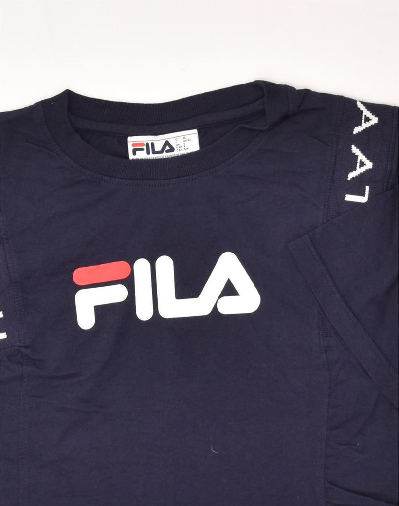 FILA Womens Crop Graphic T-Shirt Top UK 10 Small Navy Blue Cotton | Vintage Fila | Thrift | Second-Hand Fila | Used Clothing | Messina Hembry 