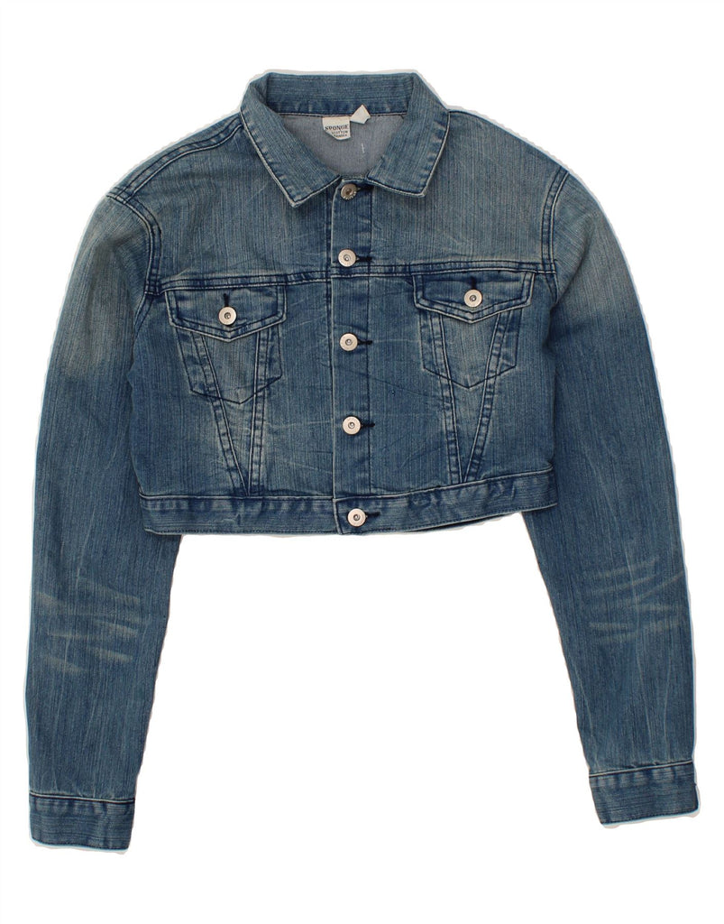 VINTAGE Womens Crop Denim Jacket UK 14 Medium Blue Cotton Vintage Vintage and Second-Hand Vintage from Messina Hembry 