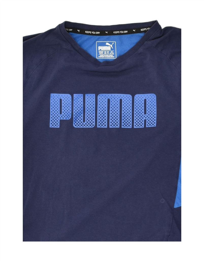 PUMA Boys Graphic T-Shirt Top 13-14 Years Navy Blue Colourblock Cotton | Vintage Puma | Thrift | Second-Hand Puma | Used Clothing | Messina Hembry 