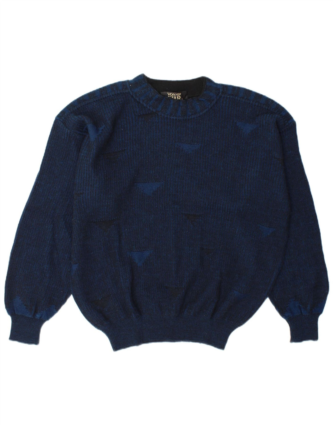 Vintage Mens Crew Neck Jumper Sweater Large Navy Blue Geometric