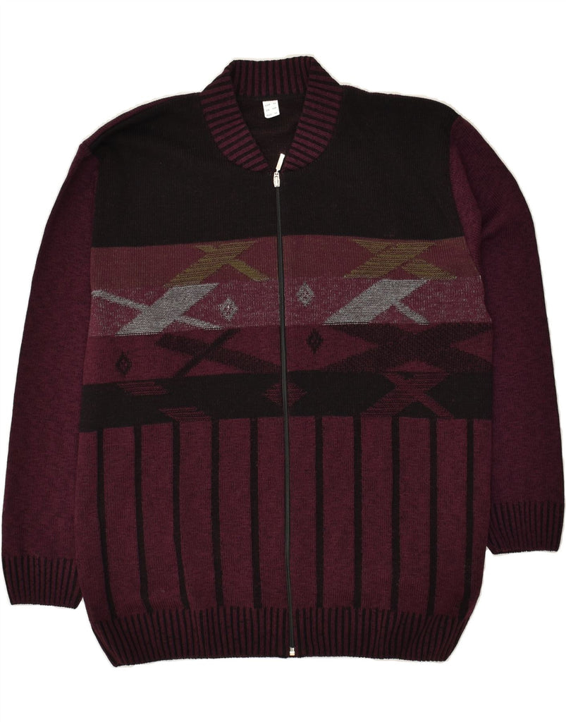 VINTAGE Mens Cardigan Sweater UK 44 XL Burgundy Geometric Polyacrylic | Vintage Vintage | Thrift | Second-Hand Vintage | Used Clothing | Messina Hembry 