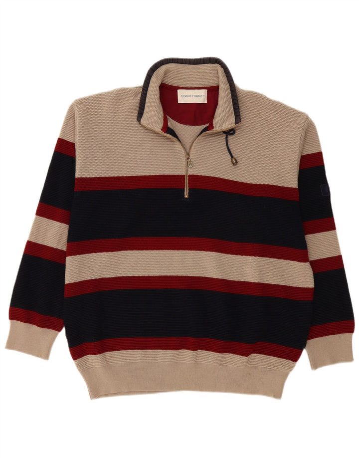 Vintage Mens Zip Neck Jumper Sweater IT 56 2XL Beige Colourblock