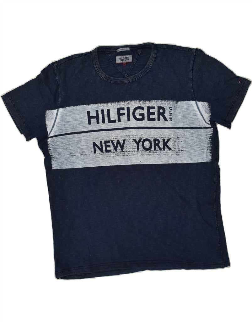 TOMMY HILFIGER Mens Graphic T-Shirt Top XL Navy Blue Colourblock | Vintage Tommy Hilfiger | Thrift | Second-Hand Tommy Hilfiger | Used Clothing | Messina Hembry 