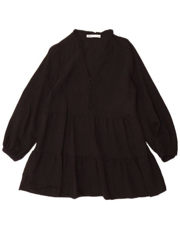 Zara Womens Long Sleeve Tiered Dress UK 10 Small Black Viscose