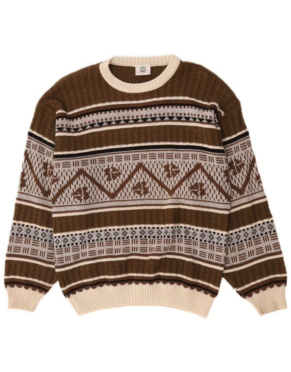 New Fast Mens Boat Neck Jumper Sweater Medium Brown Fair Isle