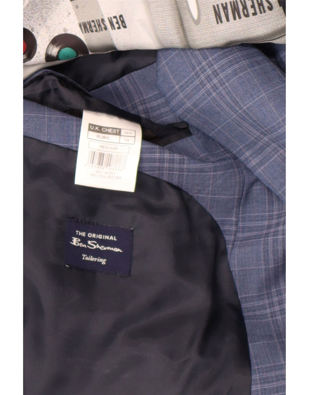 Ben Sherman Mens 2 Button Blazer Jacket UK 44 2XL Blue Check Wool