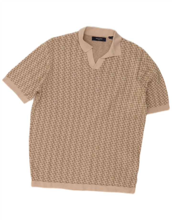 Jack & Jones Mens Polo Shirt Medium Beige Geometric Cotton