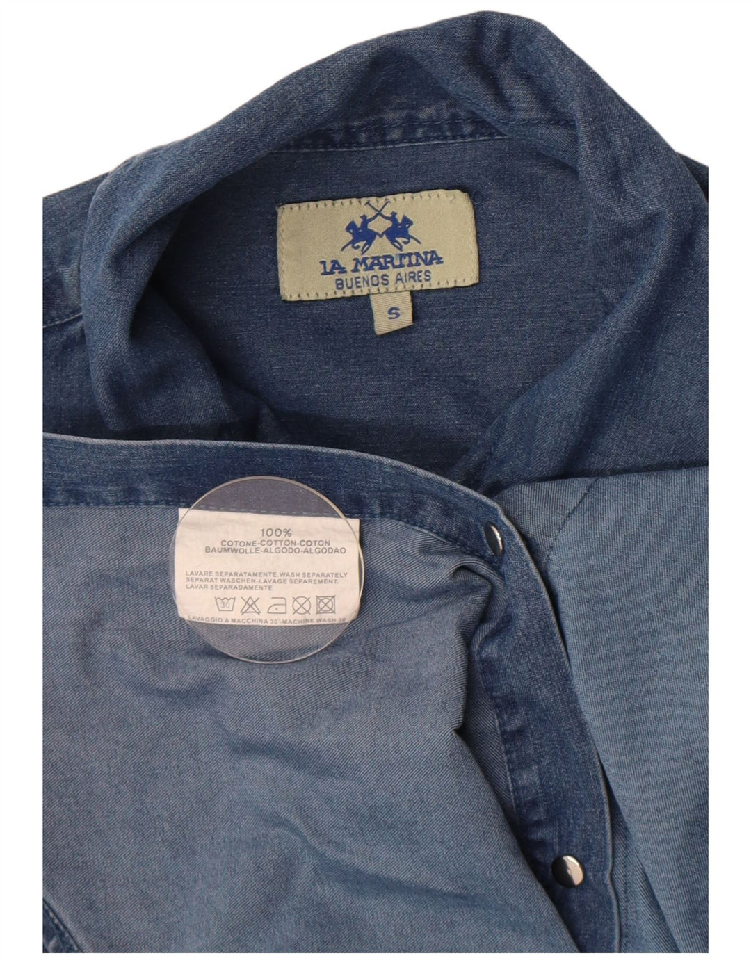 La Martina Mens England Graphic Denim Shirt Small Blue Cotton