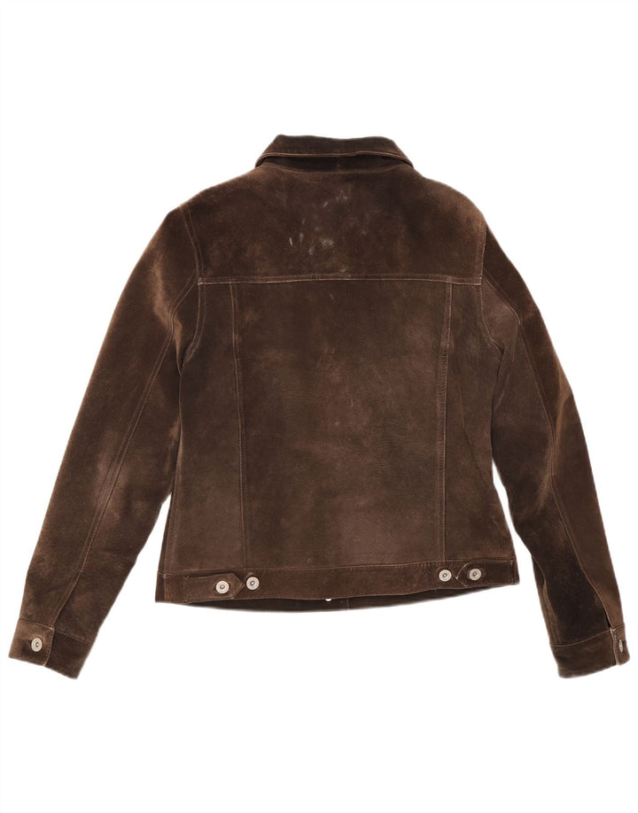 Eddie Bauer Womens Suede Crop Bomber Jacket UK 8 Small Brown Leather