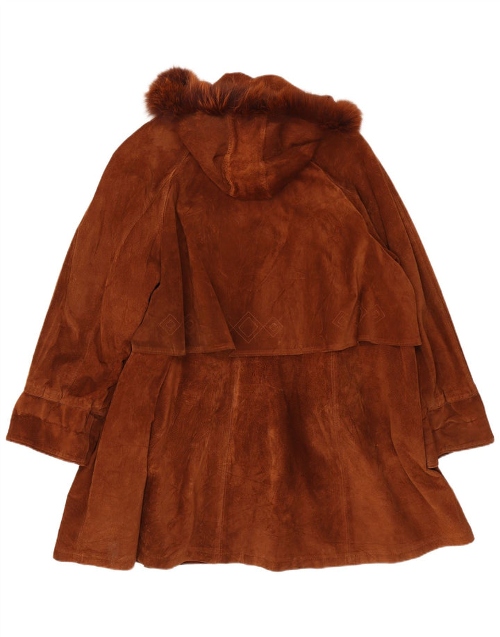Vintage Womens Oversized Hooded Suede Overcoat IT 44 Medium Brown Leather