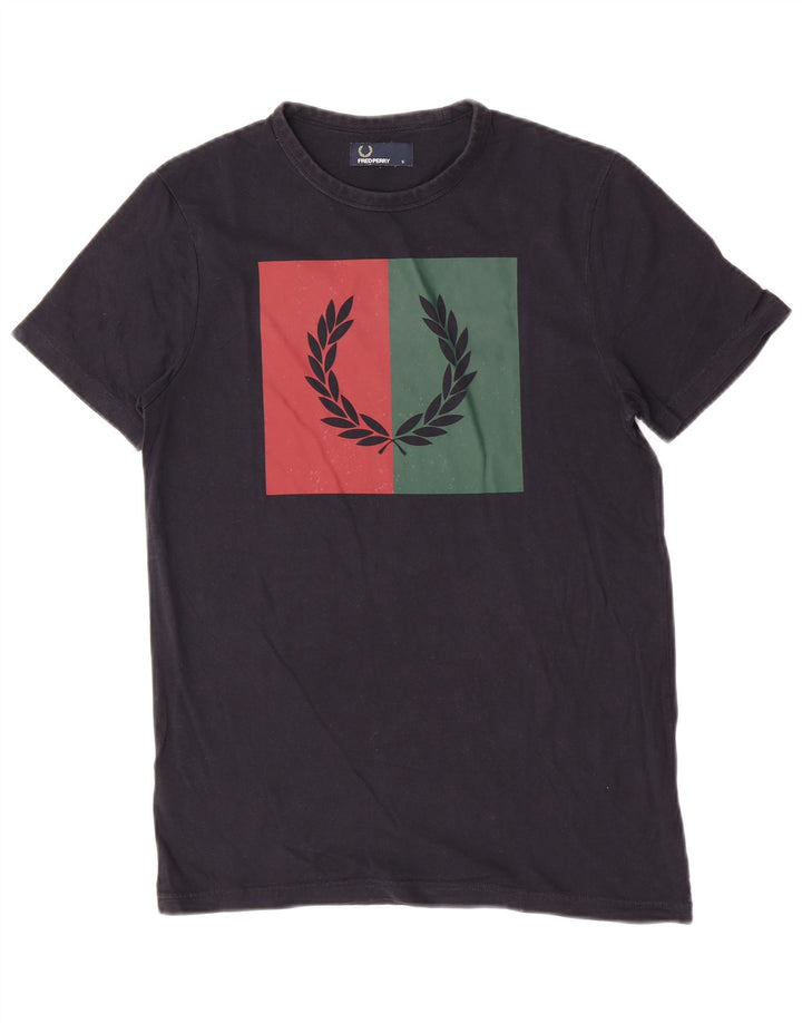 Fred Perry Mens Graphic T-Shirt Top Small Navy Blue Colourblock Cotton