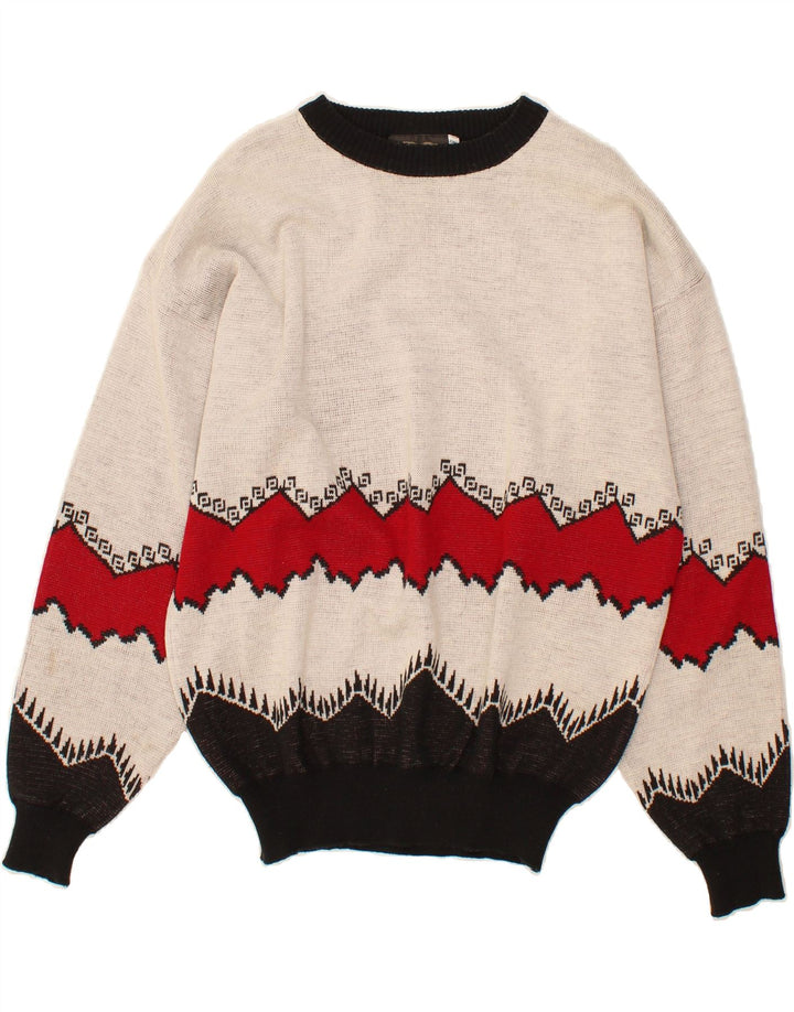 CLASSIC Mens Crew Neck Jumper Sweater 2XL White Fair Isle Acrylic