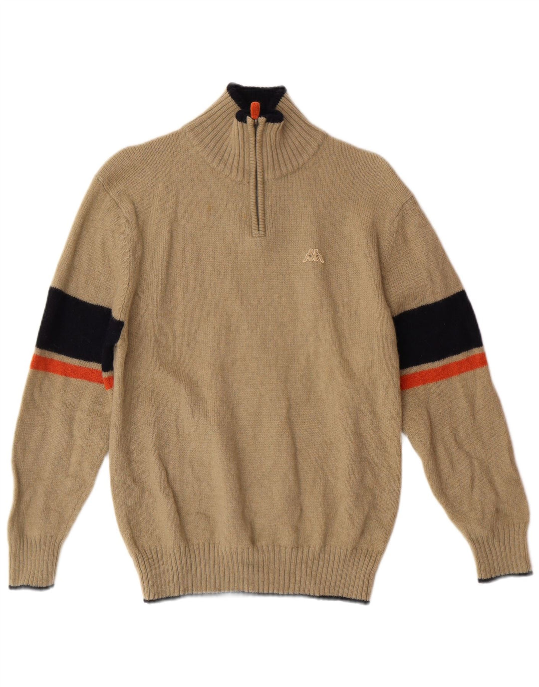 Kappa Womens Zip Neck Jumper Sweater Medium Beige Striped Wool Classic