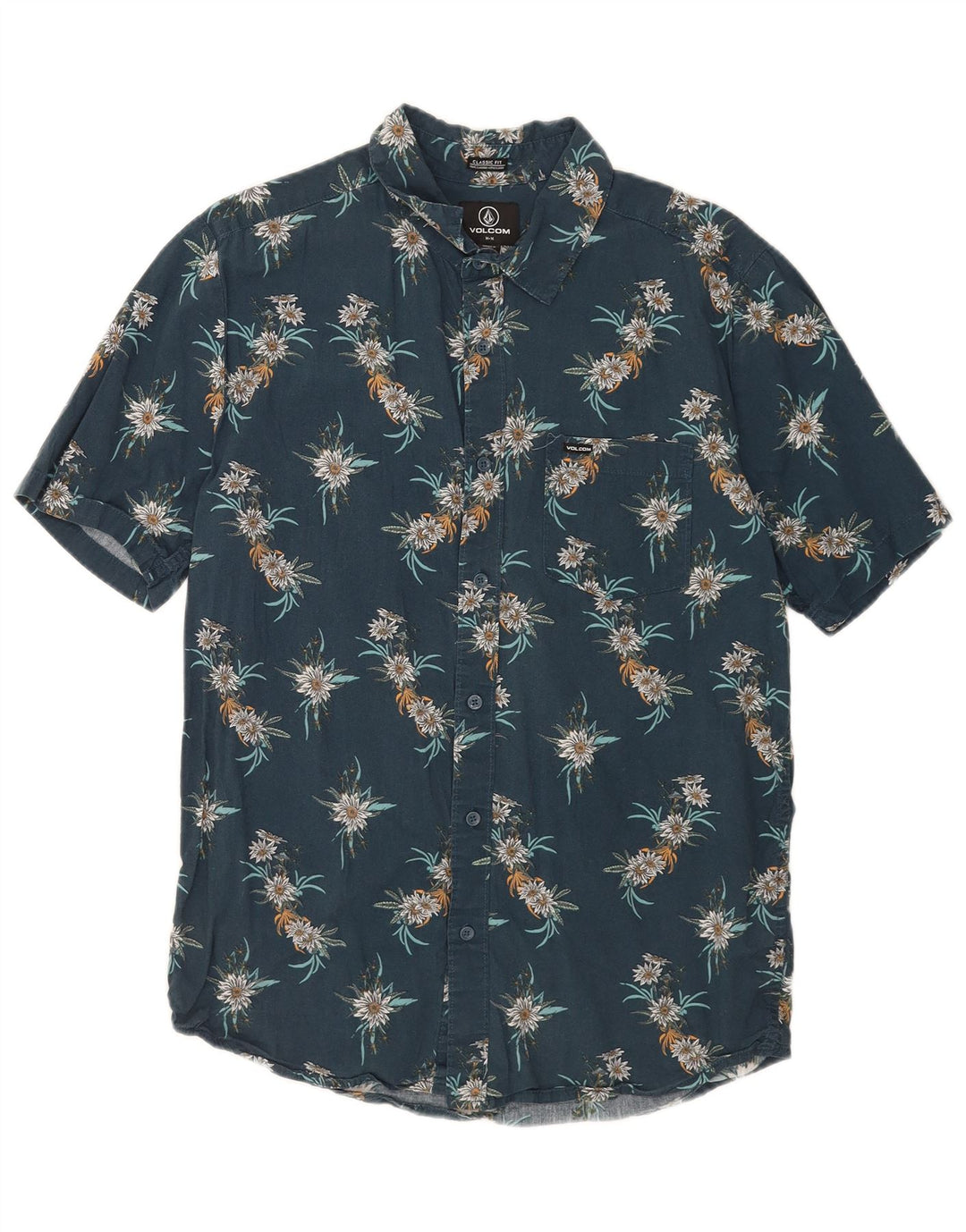 Volcom Mens Short Sleeve Classic Fit Shirt Medium Blue Floral Cotton