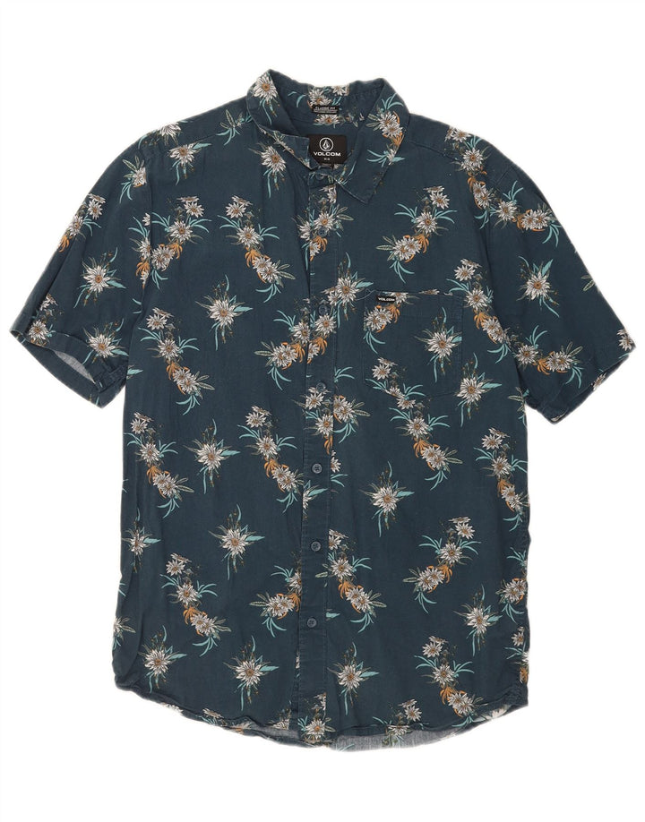 Volcom Mens Short Sleeve Classic Fit Shirt Medium Blue Floral Cotton