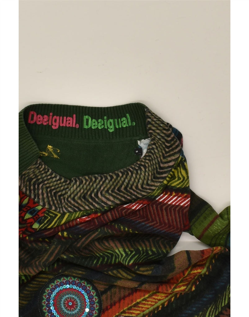 DESIGUAL Womens Boat Neck Jumper Sweater UK 10 Small Green Patchwork | Vintage Desigual | Thrift | Second-Hand Desigual | Used Clothing | Messina Hembry 