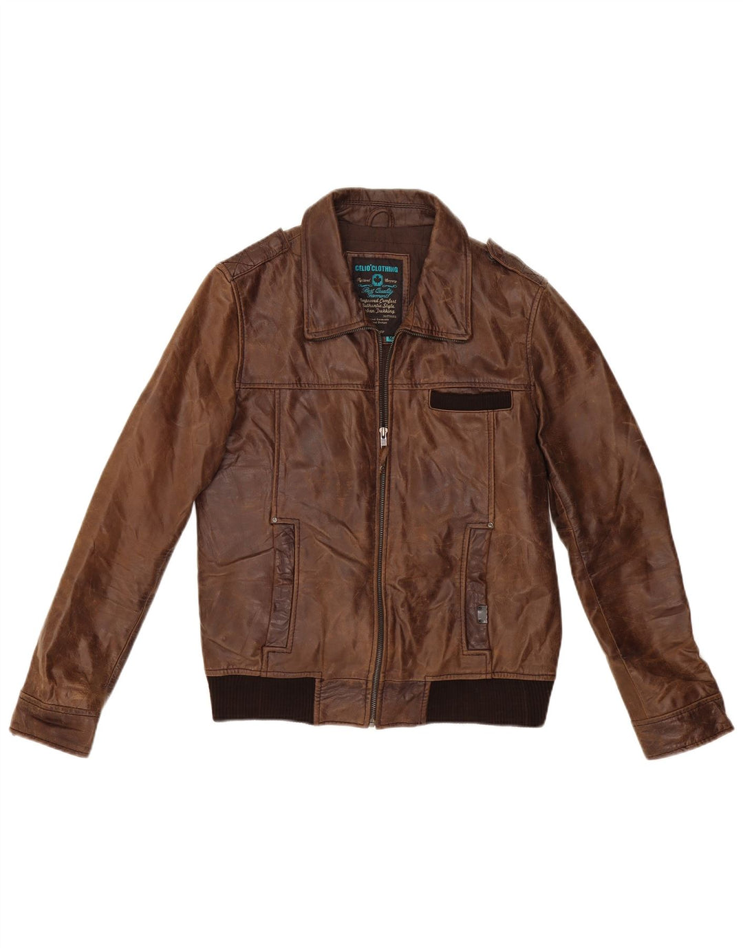 CELIO Mens Military Bomber Leather Jacket UK 38 Medium Brown
