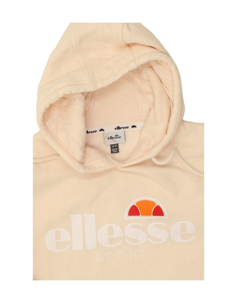 ELLESSE Womens Graphic Hoodie Jumper UK 12 Medium  Beige Cotton | Vintage Ellesse | Thrift | Second-Hand Ellesse | Used Clothing | Messina Hembry 