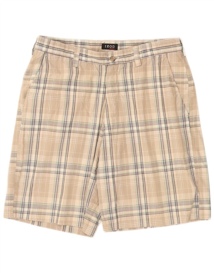 Izod Mens Chino Shorts W34 Large Beige Check Cotton