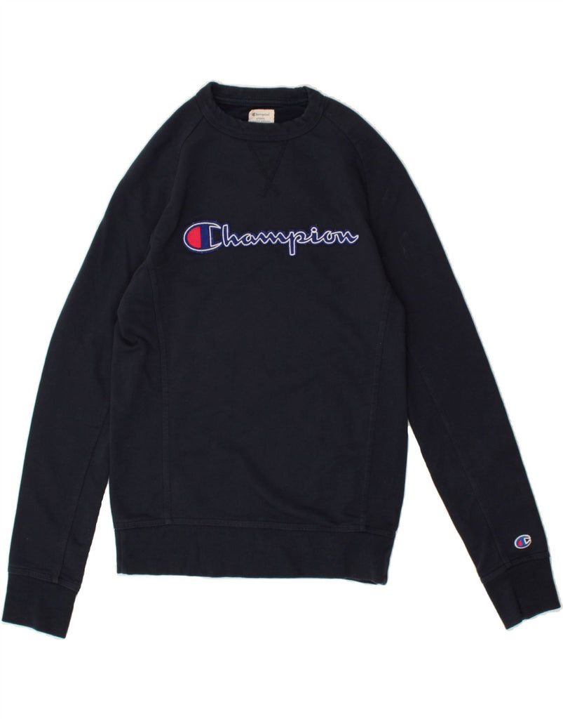 CHAMPION Mens Graphic Sweatshirt Jumper Small Navy Blue Cotton | Vintage Champion | Thrift | Second-Hand Champion | Used Clothing | Messina Hembry 