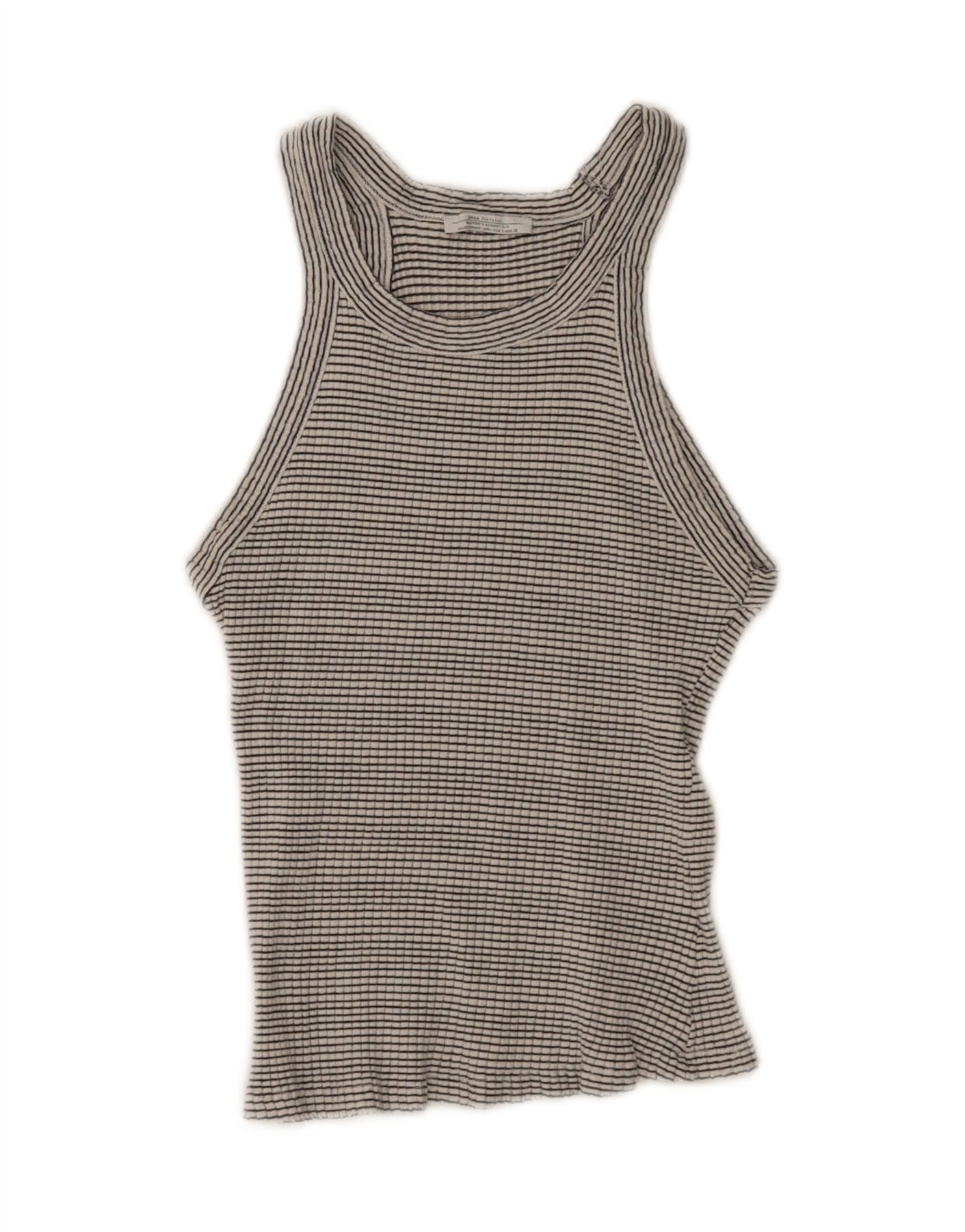 ZARA Womens Vest Top UK 10 Small Grey Striped Cotton Vintage