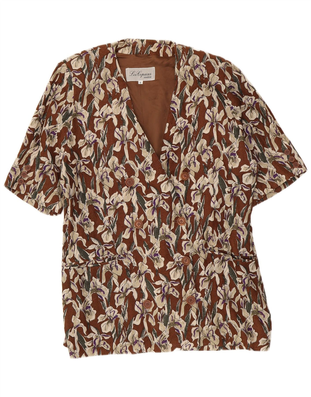 Les Copains Womens Short Sleeve Blazer Jacket UK 16 Large Brown Floral