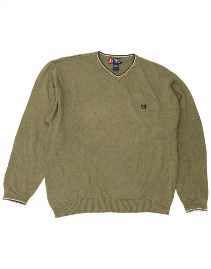 Chaps Mens Regular Fit V-Neck Jumper Sweater XL Green Cotton
