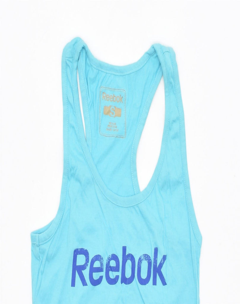 REEBOK Womens Graphic Vest Top UK 8 Small Turquoise Cotton | Vintage | Thrift | Second-Hand | Used Clothing | Messina Hembry 