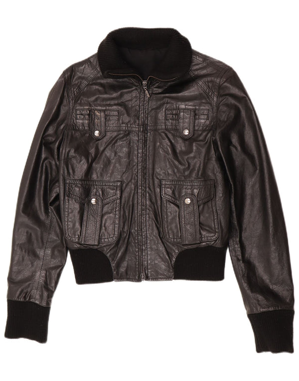 Vintage Womens Leather Bomber Jacket IT 44 Medium Black Leather